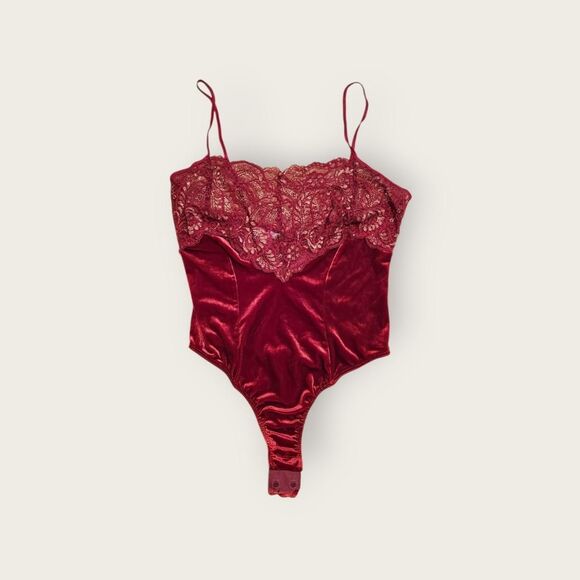 Vintage 90s Victoria's Secret red velvet lace bodice spaghetti strap bodysuit - Picture 1 of 5